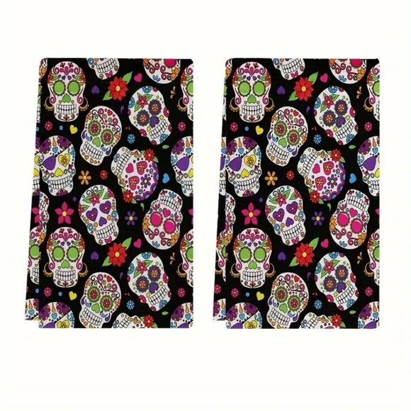 2-Pack Skull Microfiber Towels with Day of the Dead Marigold Sugar Skull Print - Picture 1 of 7
